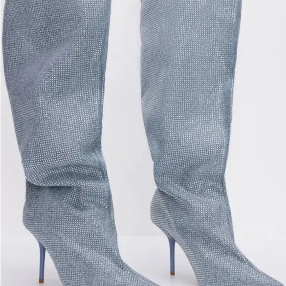 Good American Slouchy Studded Denim Over the Knee Women's Boots